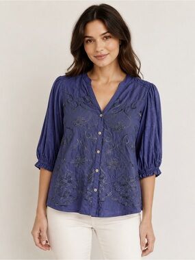 Democracy Indigo Embroidered Button-Down Blouse